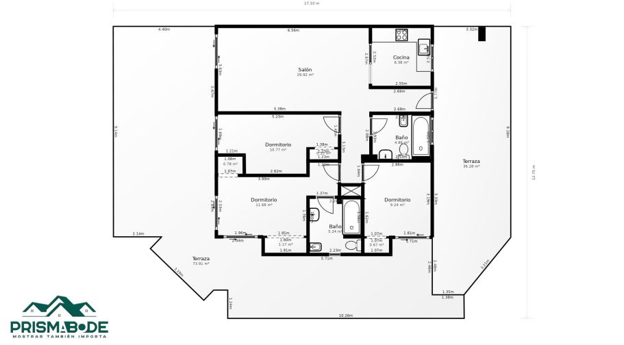 Plano Acotado 2D Plano de distribución de un apartamento con varias habitaciones y áreas.